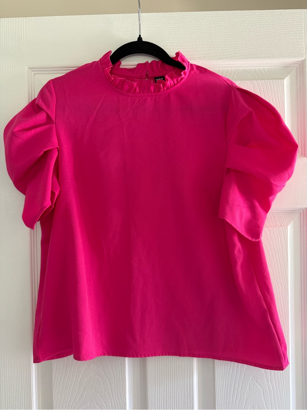 SHEIN Hot Pink Ruffle Neck Puff Sleeve Blouse